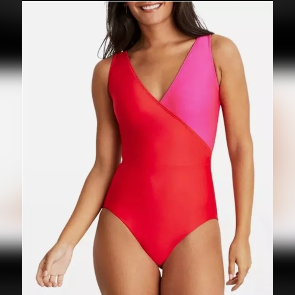 NWT Hermoza Vera Color Block Red pink Surplice One Piece Swim Suit Sz 14
